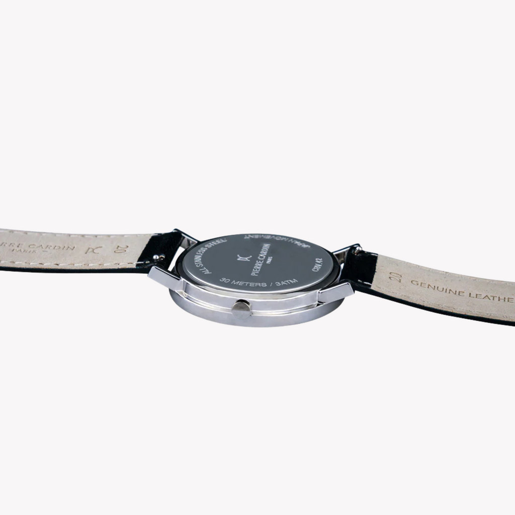 PIERRE CARDIN CBV.1049 LUXUS-Herrenuhr – stilvolles silbernes Gehäuse und schwarzes Lederband