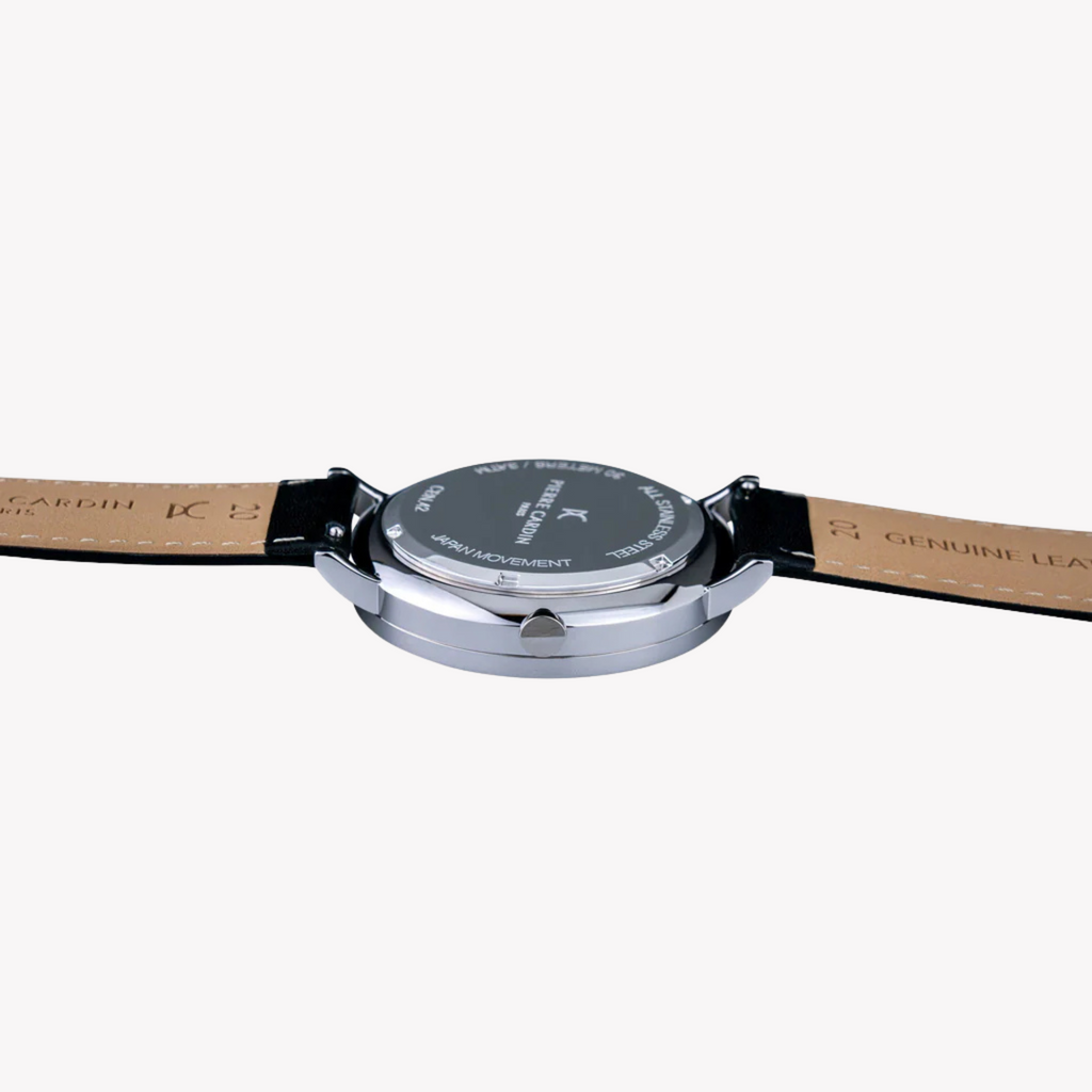 Pierre Cardin Men's Black Leather Watch, Silver Case | Cbn.3019