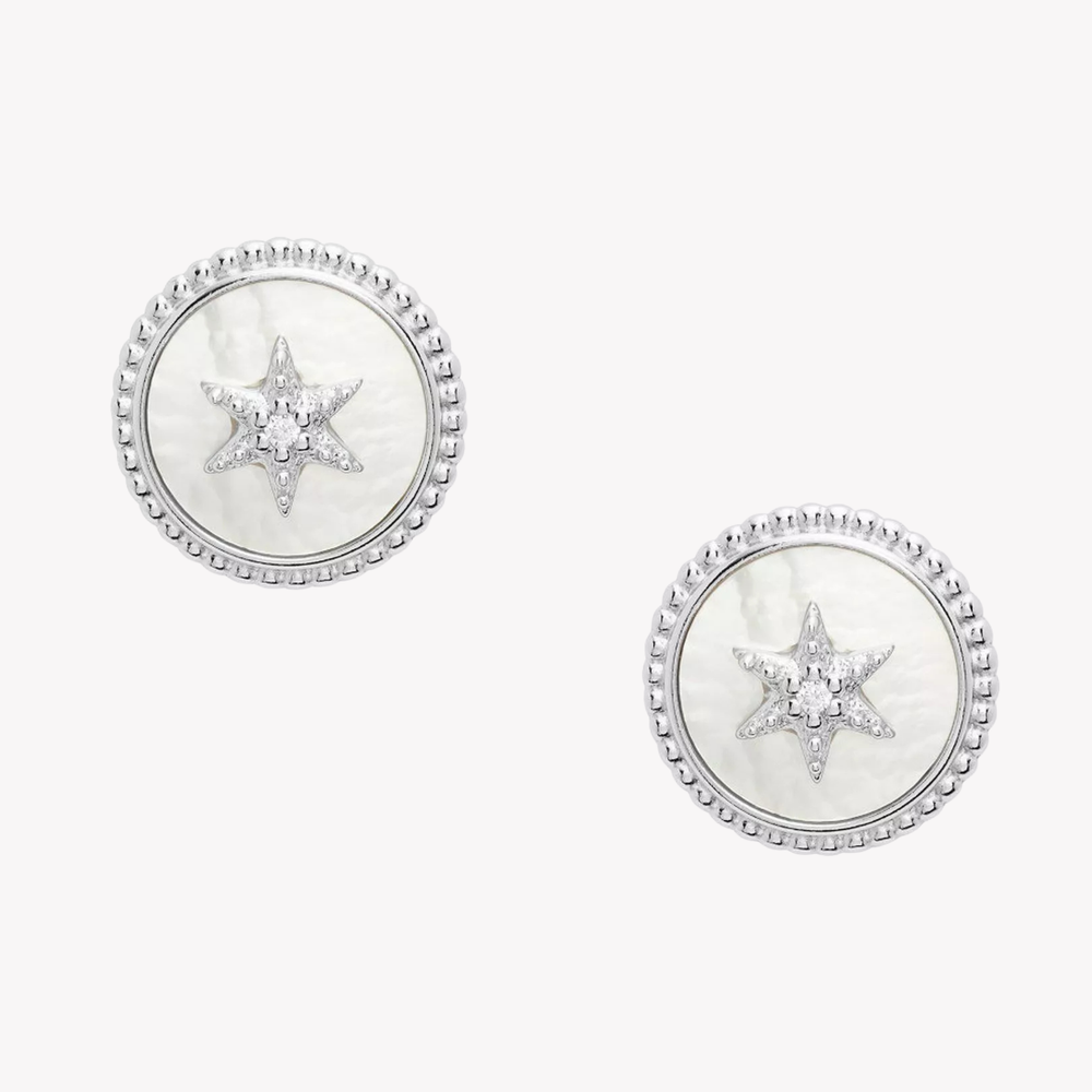 Fossil Women's Silver Stud Earrings, Mother of Pearl & Cubic Zirconia | JFS00500040