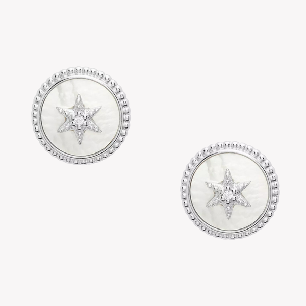 Fossil Women's Silver Stud Earrings, Mother of Pearl & Cubic Zirconia | JFS00500040