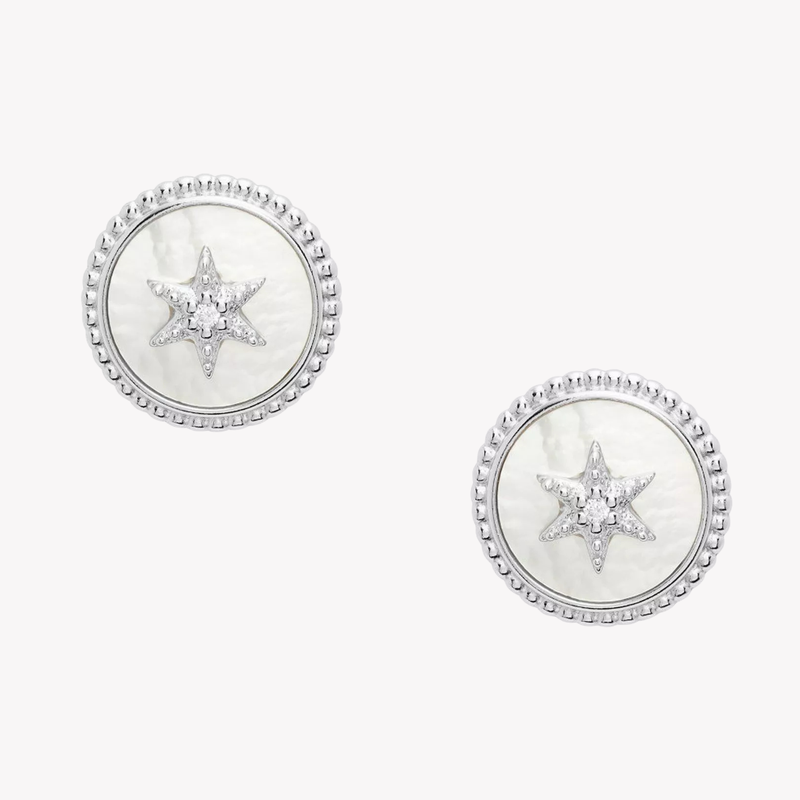 Fossil Women's Silver Stud Earrings, Mother of Pearl & Cubic Zirconia | JFS00500040