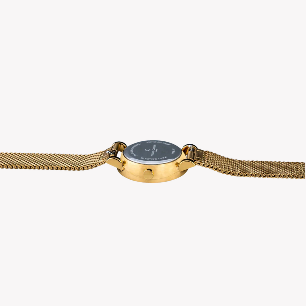 ساعة بيير كاردان للسيدات بهيكل ذهبي من الستانلس ستيل وسوار ذهبي من الستانلس ستيل