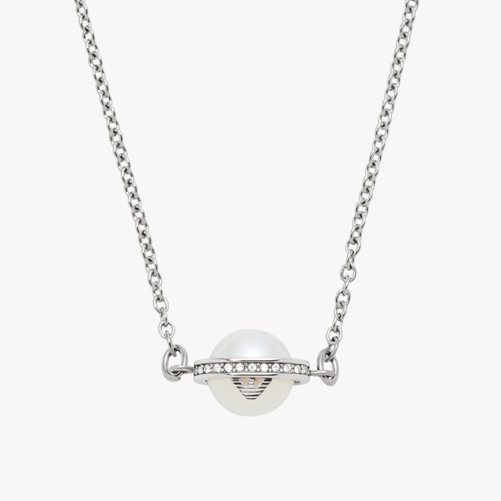 Emporio Armani Women's Silver Necklace, Mother of Pearl & Crystal Logo Pendant | EGS2837040