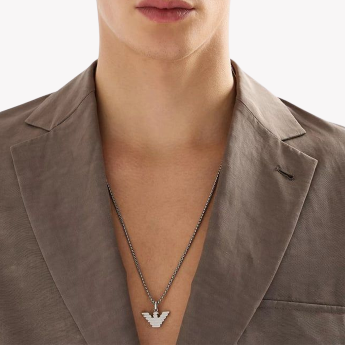 Emporio Armani Men's Silver Necklace, Eagle Logo Pendant | EGS3169040