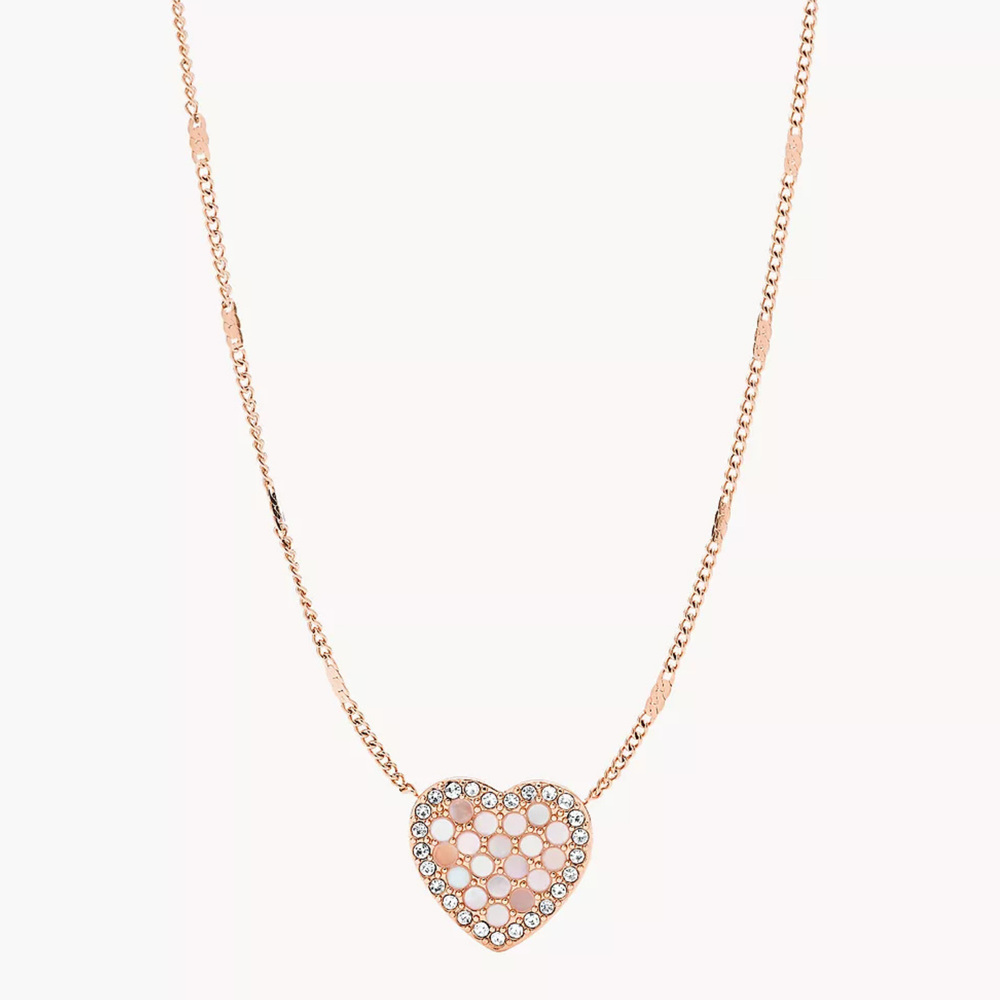 Fossil Women's Rose Gold Necklace, Mother Of Pearl & Crystal Heart Pendant | JF03164791