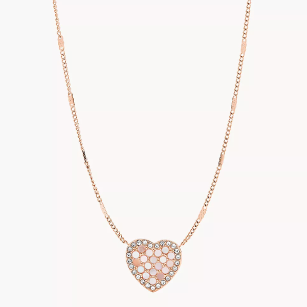 Fossil Women's Rose Gold Necklace, Mother Of Pearl & Crystal Heart Pendant | JF03164791