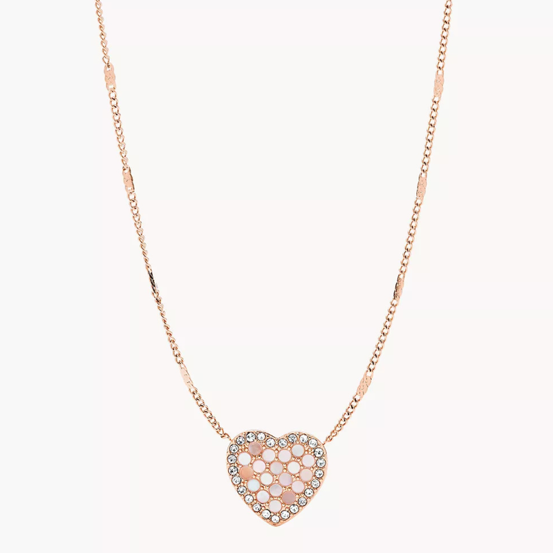 Fossil Women's Rose Gold Necklace, Mother Of Pearl & Crystal Heart Pendant | JF03164791
