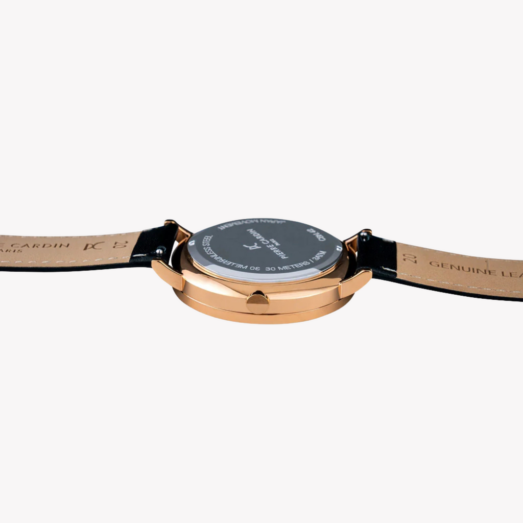 ساعة بيير كاردان CBN.3023 الفاخرة باللون الذهبي الوردي للرجال - مينا أسود أنيق وسوار جلدي