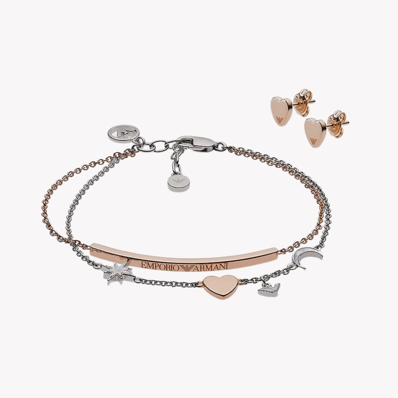 Emporio Armani Women's Silver & Rose Gold Jewelry Set, Mother of Pearl Heart Charms | EG3417221