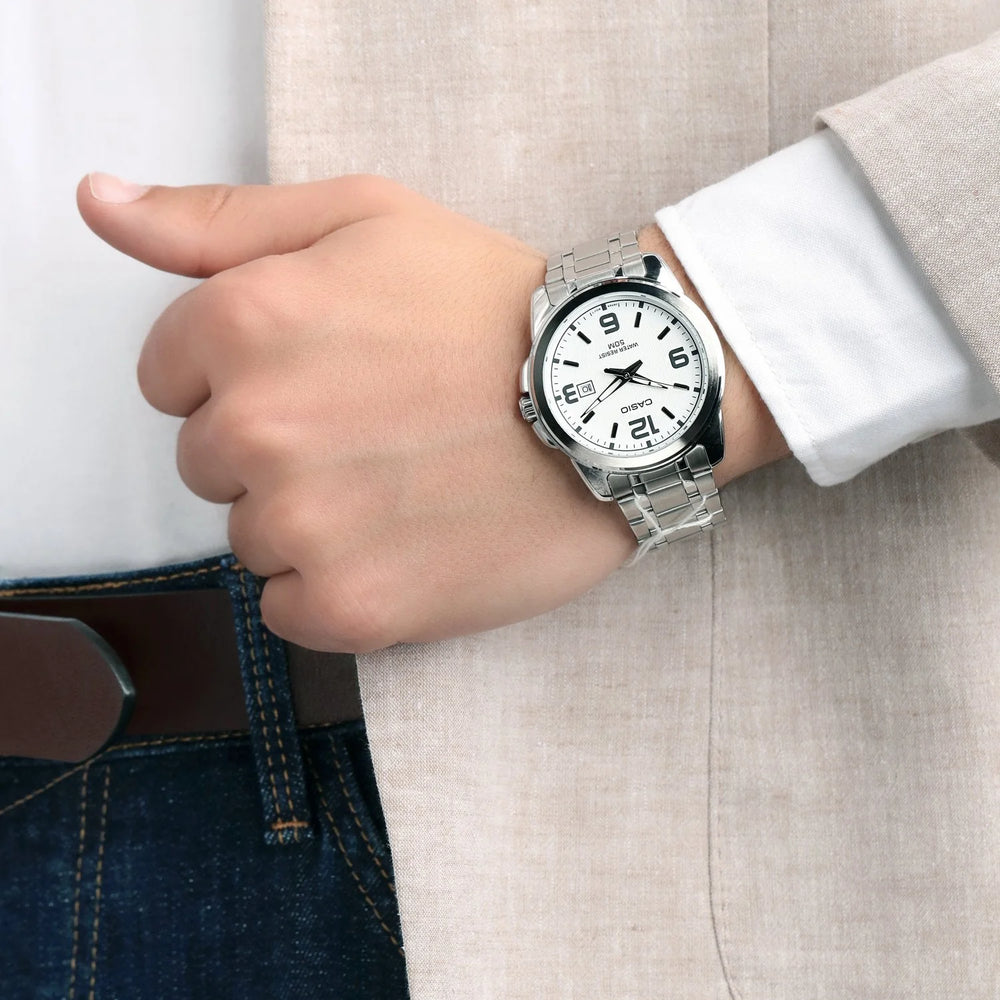 Casio Men's Silver Stainless Steel Watch, White Dial | Mtp-1314d-7av by i-watch