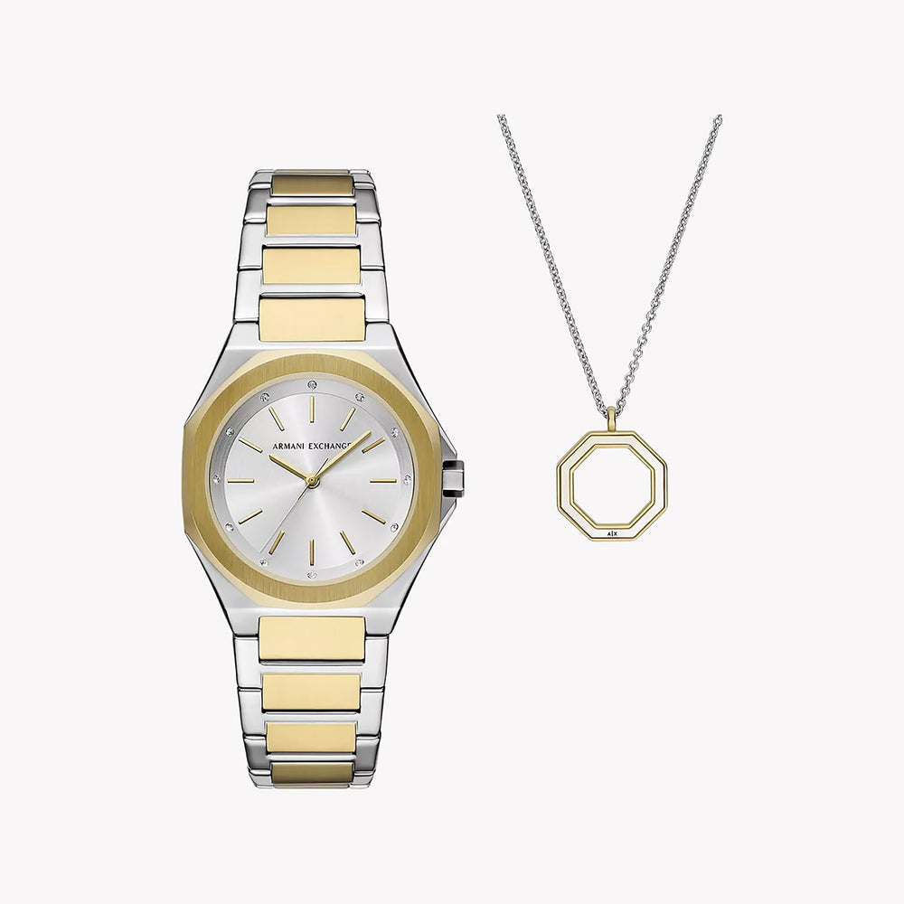 A|X Armani Exchange Women's Silver & Gold Watch, Silver Dial | Ax7161set by i-watch