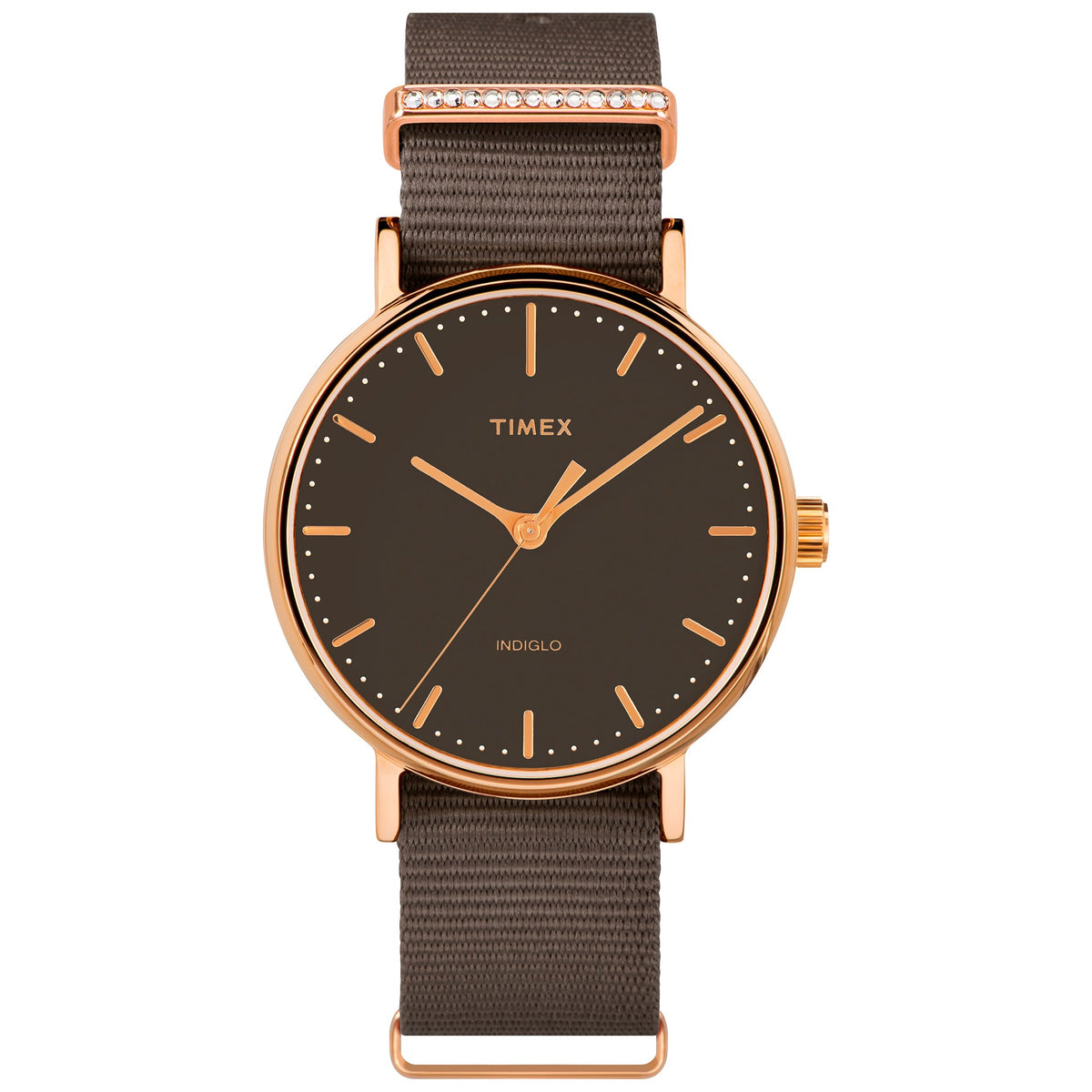 TIMEX Women's Watch with Rose Gold Brass Case and Gray Fabric Band