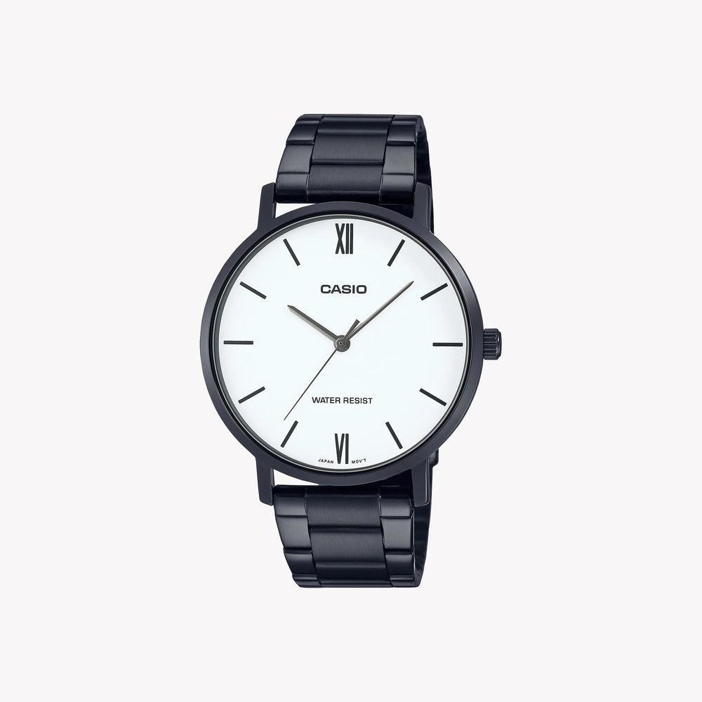 Casio Men's Black Stainless Steel Watch, White Dial | Mtp-Vt01b-7b by i-watch