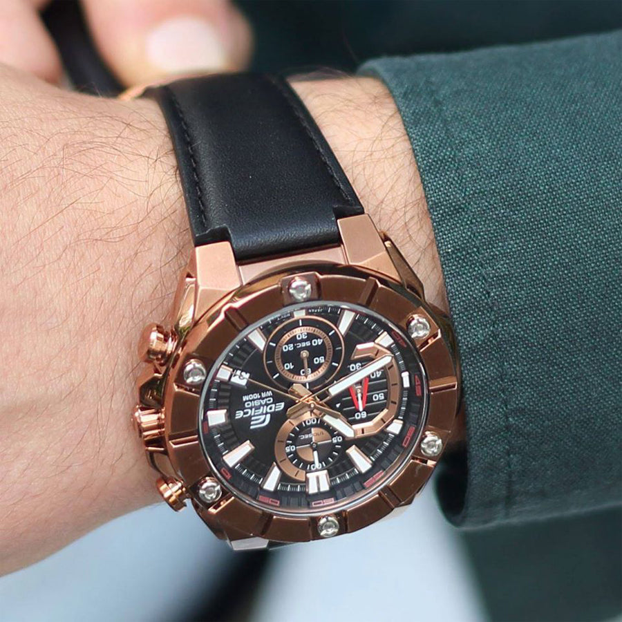 CASIO EDIFICE EFR-569BL-1AVUDF - ROSE GOLD STYLE, BLACK LEATHER, MEN'S WATCH-i-Watch-2