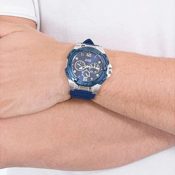 Guess Men's Silver Stainless Steel, Blue Silicone | W1254g1 by i-watch