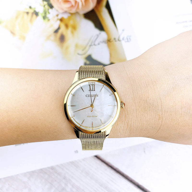 Citizen Em0812-89d - Radiant Elegance: Women's Gold Eco-Drive Watch With Pearl Dial & Mesh Band by i-watch
