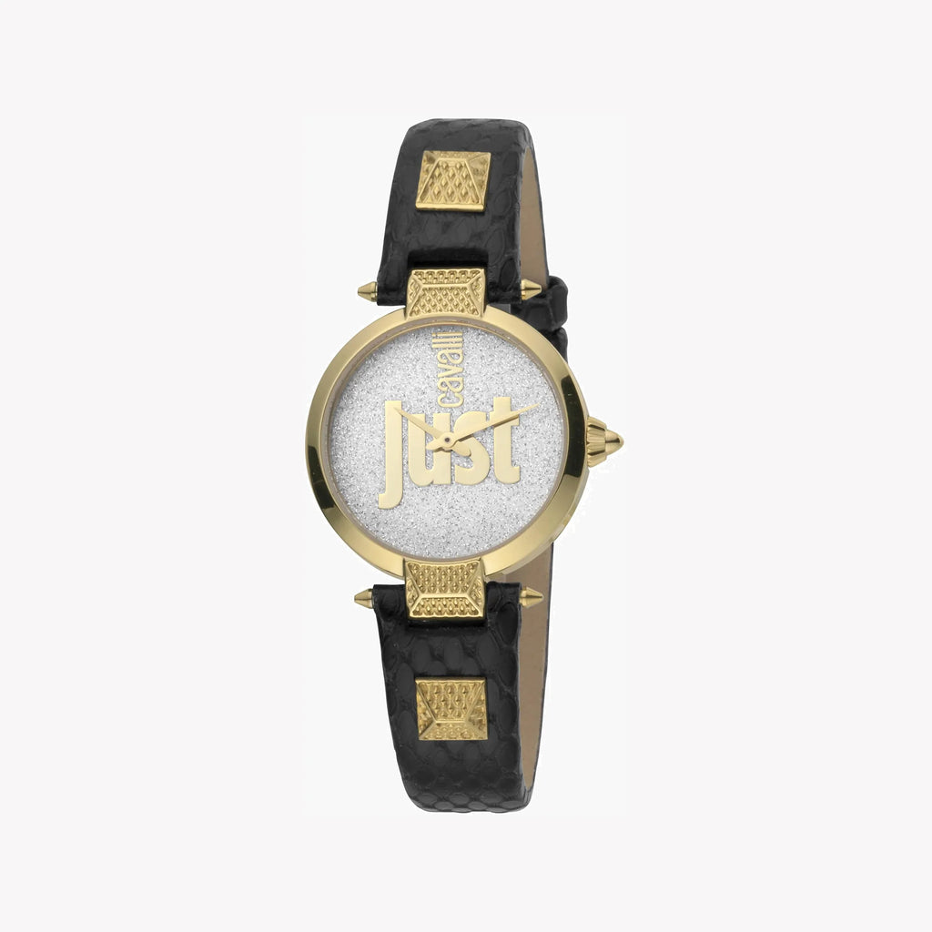 JUST CAVALLI Women's Watch with Gold Stainless Steel Case and Black Leather Band