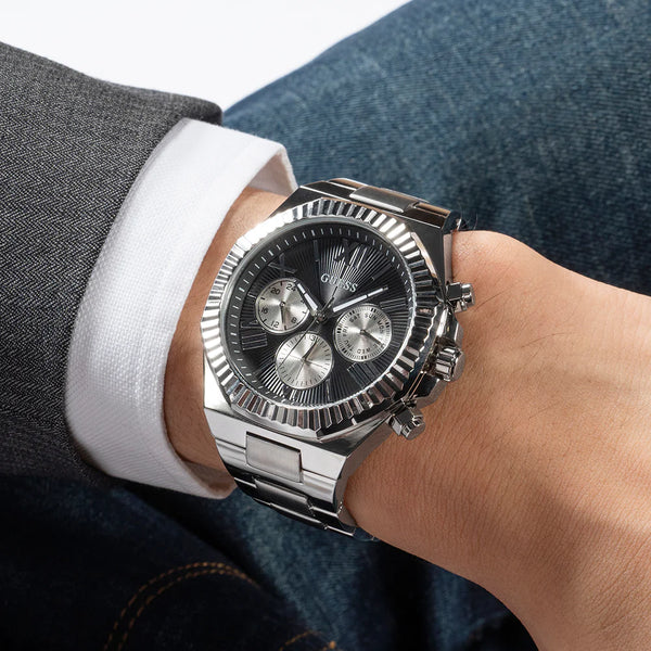 Guess Men's Silver Stainless Steel, Black Dial | Gw0703g1 by i-watch