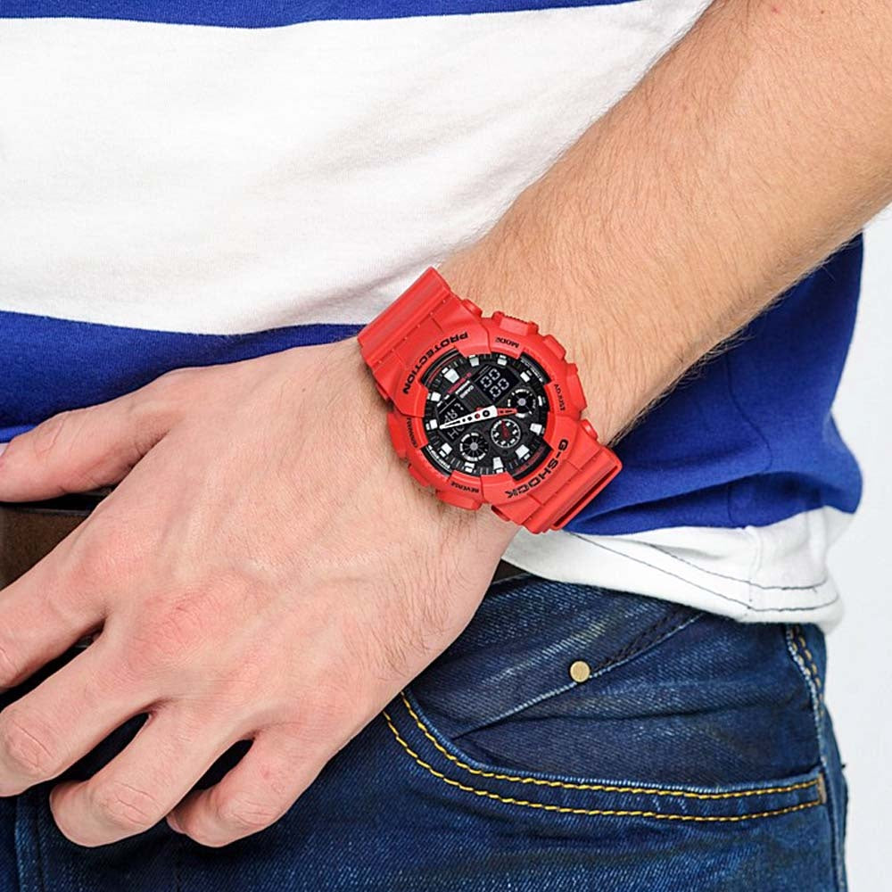 CASIO G-SHOCK GA-100B-4ADR - BOLD ADVENTURER SERIES Men's Watch with vibrant red resin band and sleek black dial