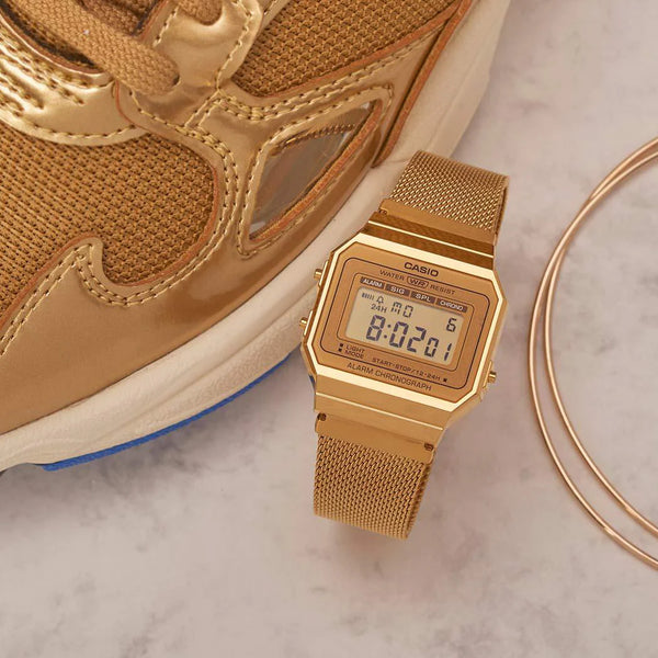 Casio Unisex Resin Watch, Mesh Strap, Gold/Black | A700wemg-9aef by i-watch