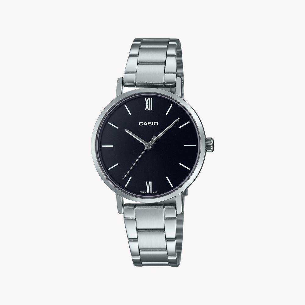 Casio Ltp-Vt02d-1audf Elegant Timepiece - Stylish Women's Watch With Silver Stainless Steel Band & Black Dial by i-watch