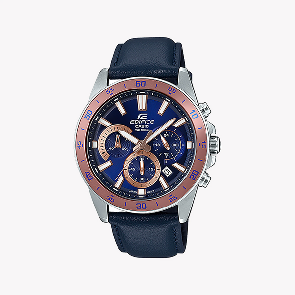 Casio Men's Black Leather Watch, Blue Dial | Efv-570l-2bvudf by i-watch