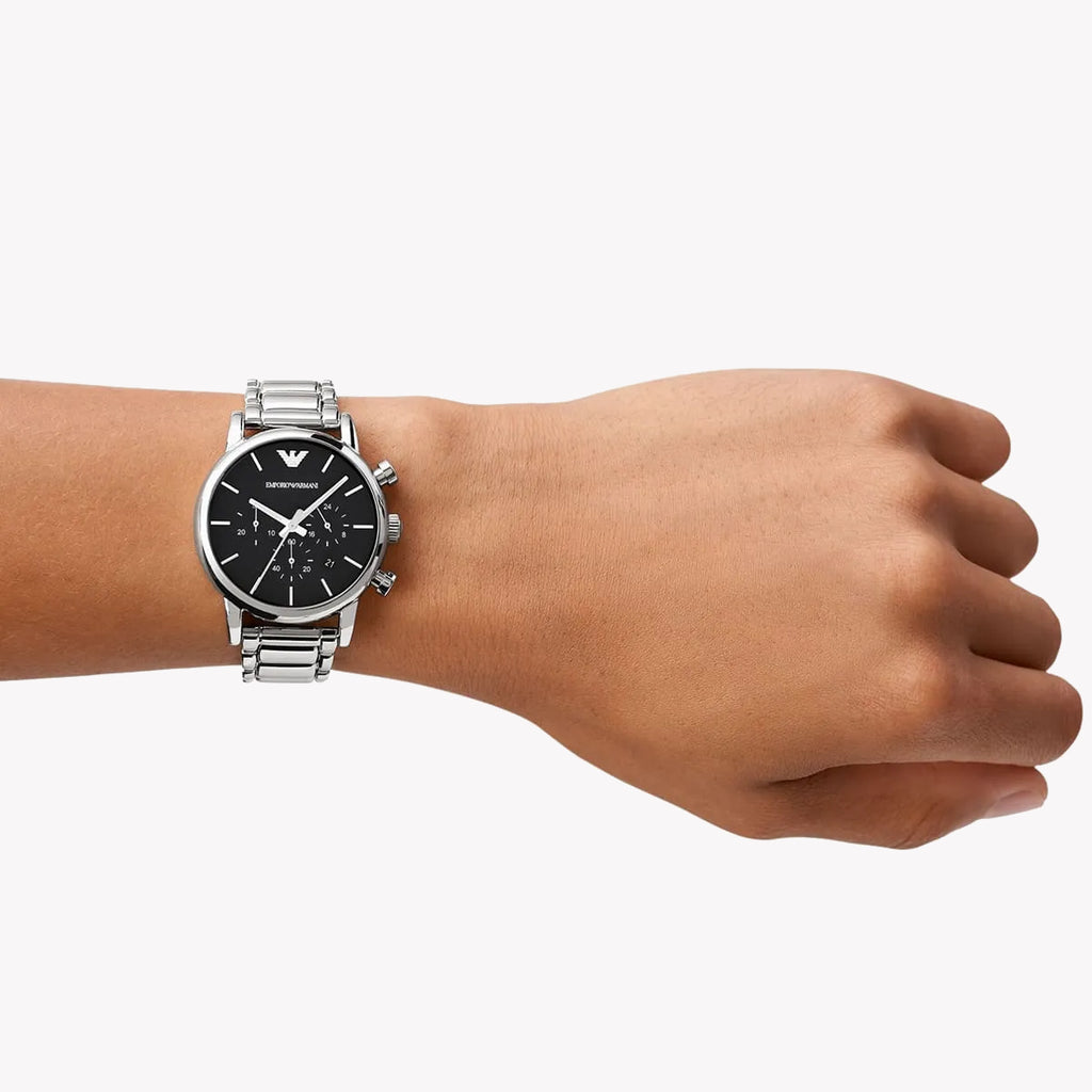 EMPORIO ARMANI AR1853 - BOLD SOPHISTICATION MEN'S WATCH WITH SILVER STAINLESS STEEL BAND & BLACK DIAL-i-Watch-4