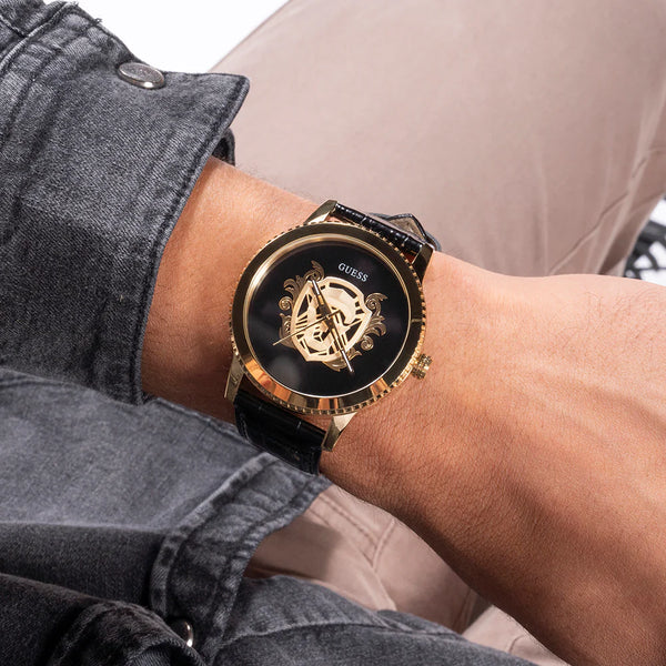 Guess Men's Gold Stainless Steel, Black Leather | Gw0566g1 by i-watch