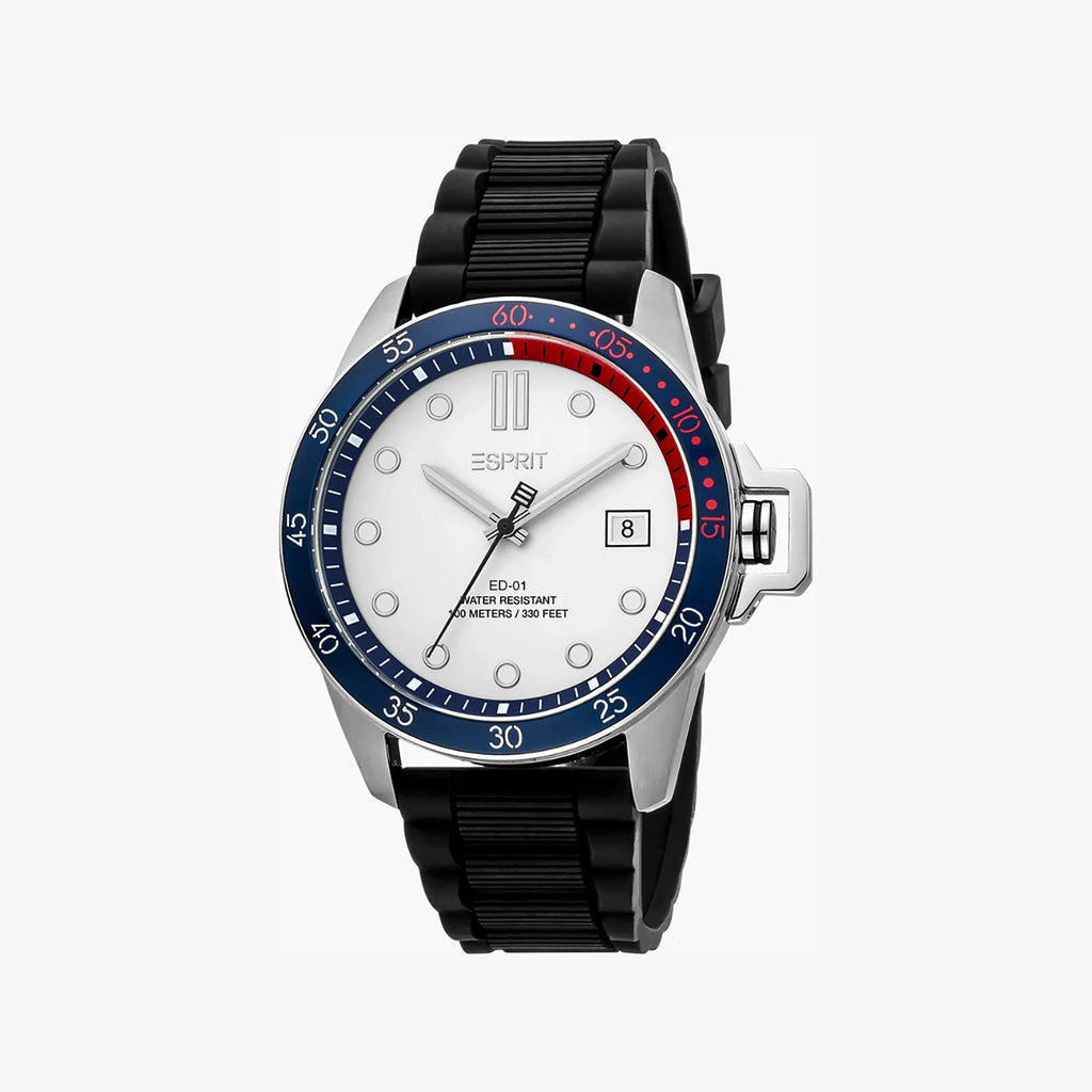 ESPRIT MEN'S TIMEPIECE - STYLISH BLACK RUBBER BAND & SILVER DIAL 43MM WATCH