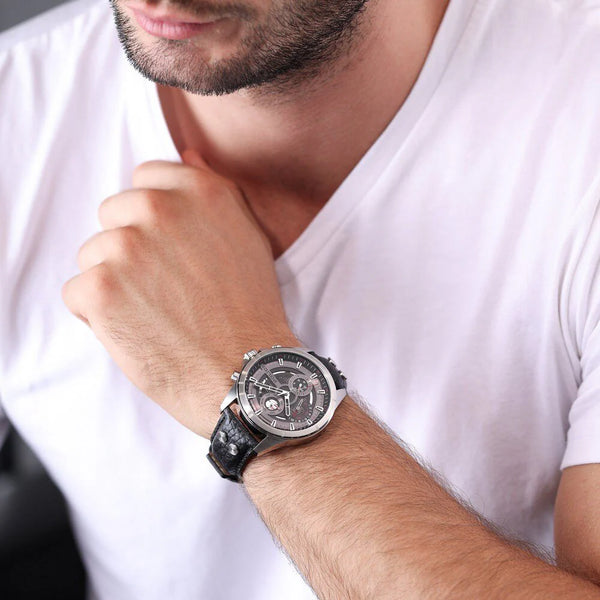 Police Men's Silver Watch, Black Leather Strap | Pewjf0004601 by i-watch