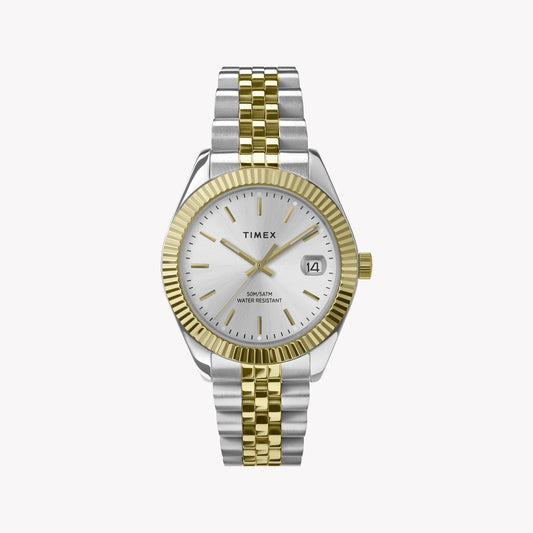 Montre pour femme Timex Legacy avec boîtier et bracelet bicolores avec cadran argenté TW2W49700