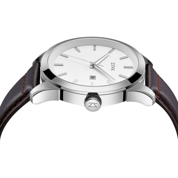 Zink Zk133g1ls-12 Elegant Timepiece - Bold Silver Dial & Luxurious Brown Leather Band Men's Watch by i-watch