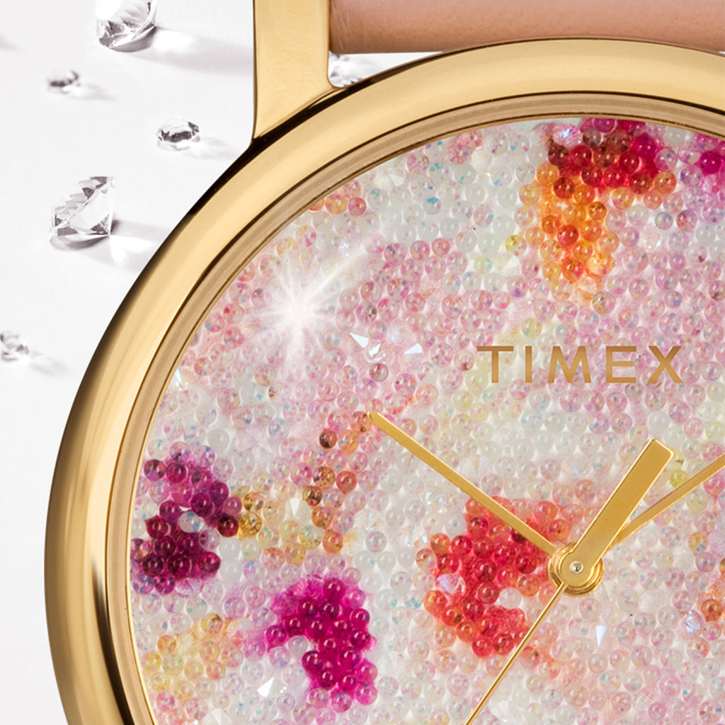 TIMEX Damenuhr mit goldenem Messinggehäuse und rosafarbenem Lederarmband