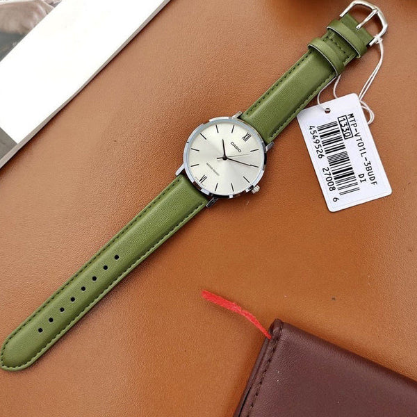 CASIO MTP-VT01L-3B - RUGGED ELEGANCE MEN'S WATCH WITH GREEN LEATHER BAND AND SILVER DIAL-i-Watch-4