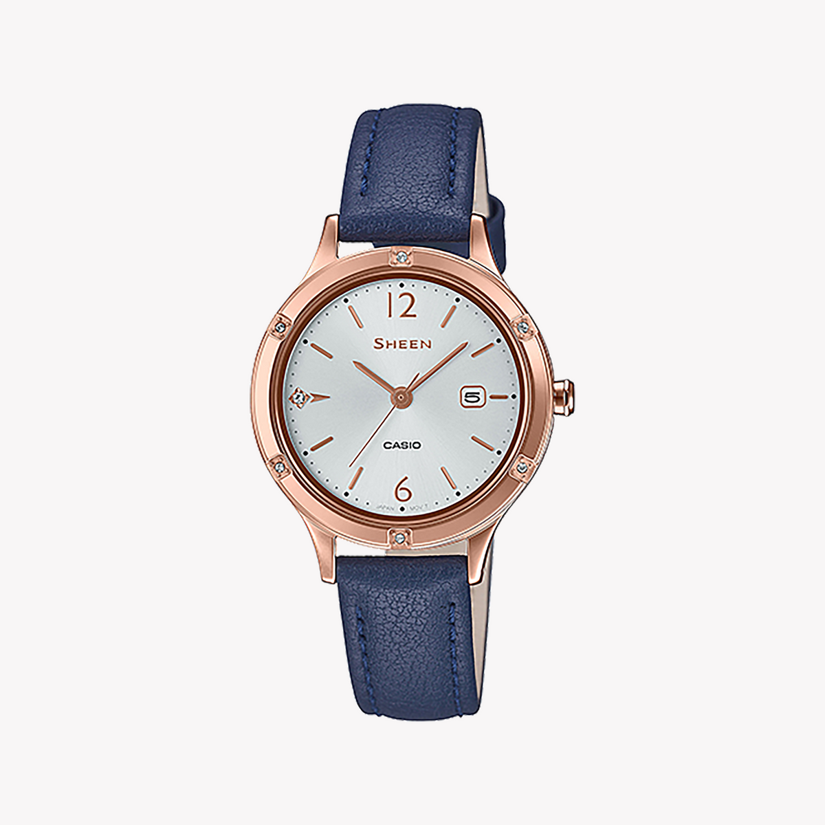 CASIO SHE-4533PGL-7BUDF ELEGANT SPIRIT - CHIC ROSE GOLD TIMEPIECE WITH BLUE LEATHER BAND