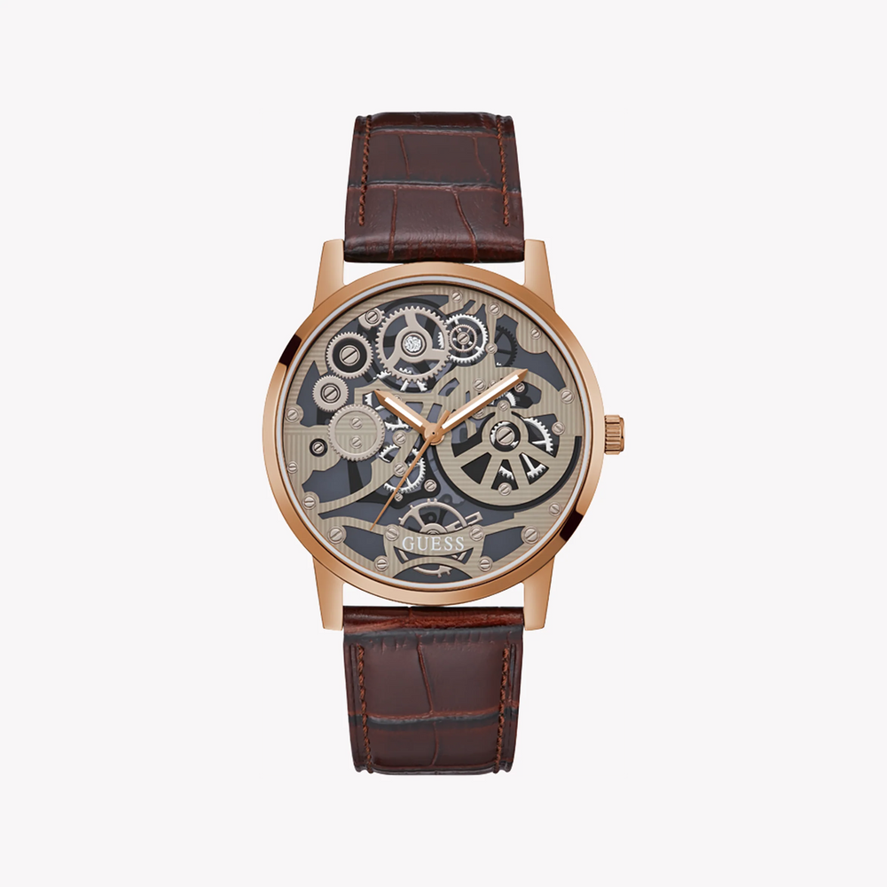 Guess Men's Rose Gold Leather Watch, Clear Dial | Gw0570g2 by i-watch