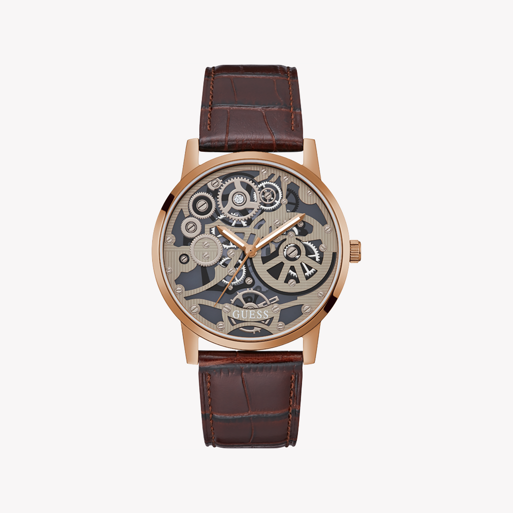GUESS GW0570G2 ROSE GOLD ELEGANCE - MEN'S TIMEPIECE WITH BROWN LEATHER BAND & CLEAR DIAL