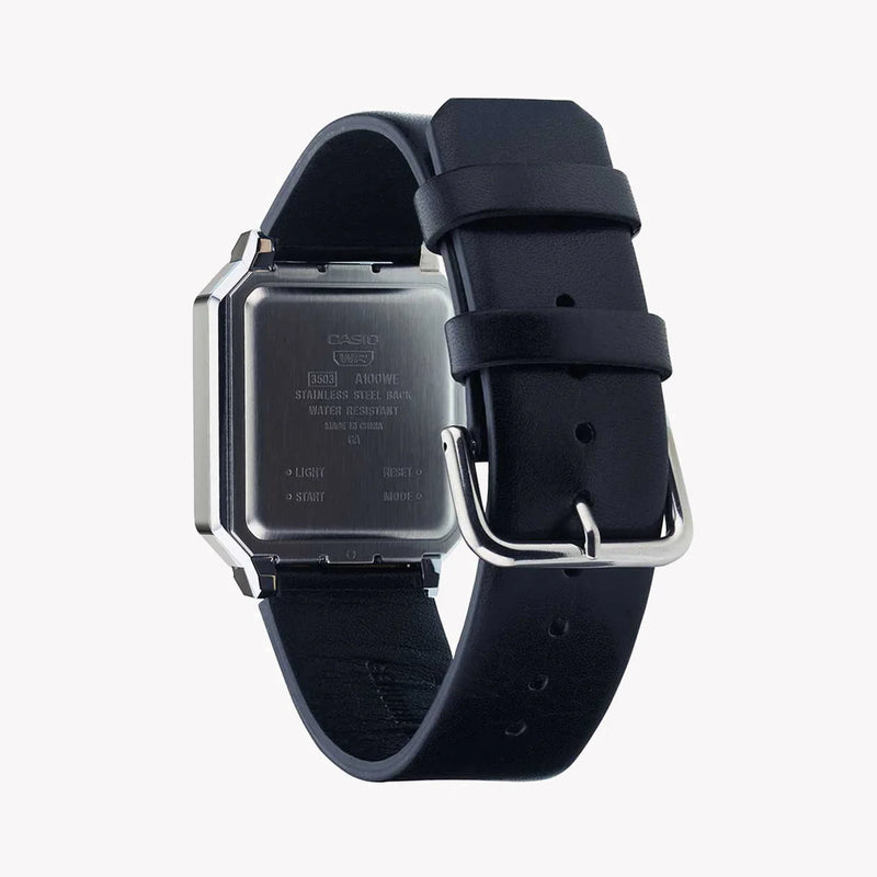 Casio Unisex Silver Resin Watch, Black Leather Band | A100wel-1adf by i-watch