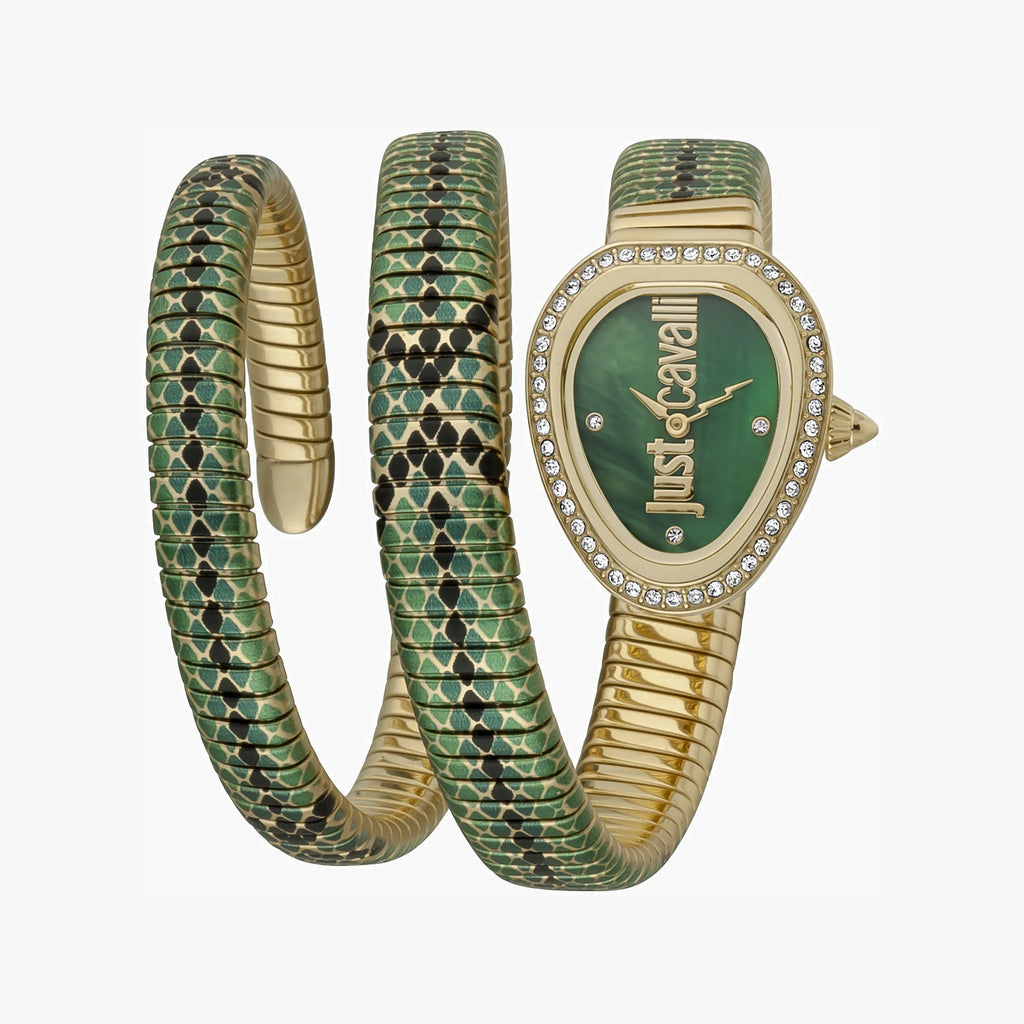 JUST CAVALLI Women's Watch with Gold Stainless Steel Case and Green & Gold & Black Stainless Steel Band