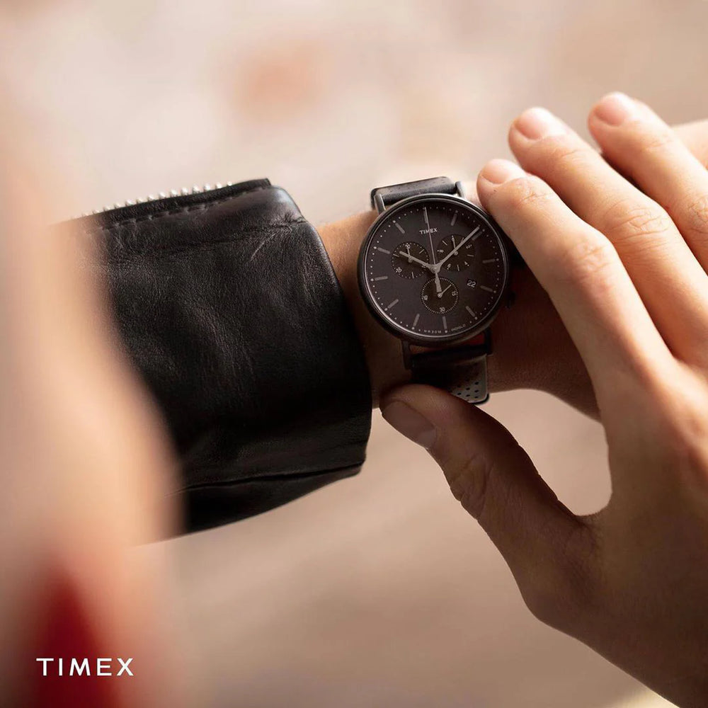 Timex Men's Black Leather Watch, Black Dial | Tw2r26800