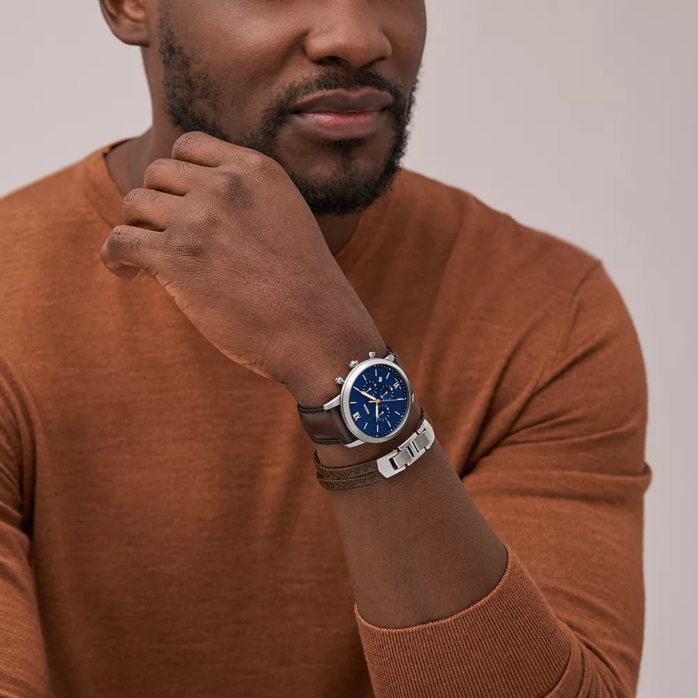 FOSSIL FS6018SET ELEGANCE - MODERN MEN'S TIMEPIECE WITH BLUE DIAL & BROWN LEATHER STRAP-i-Watch-4