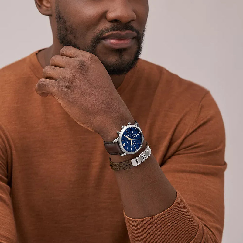 Fossil Men's Silver/Brown Watch, Blue Dial | Fs6018set by i-watch