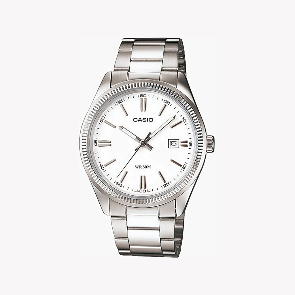 CASIO MTP-1302D-7A1VDF - ELEGANT SPORTY STAINLESS STEEL MEN'S WATCH with White Dial & Date Function