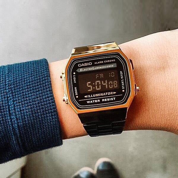 CASIO A168WEGB-1B GOLD EDGE - SPORTY DIGITAL TIMEPIECE Unisex Watch with black stainless steel band and striking gold case-i-Watch-3