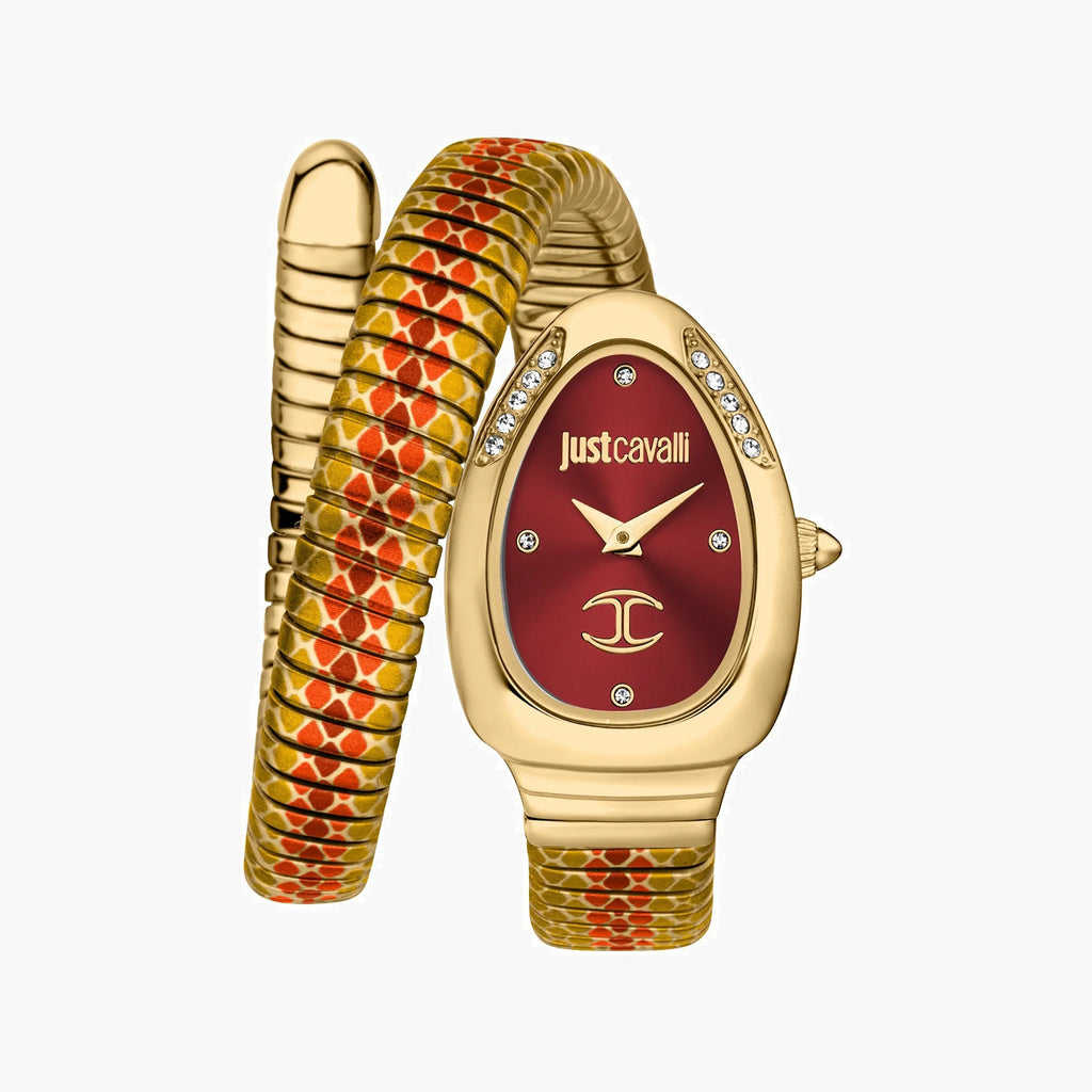 JUST CAVALLI Women's Watch with Gold Stainless Steel Case and Gold & Red & Brown Stainless Steel Band