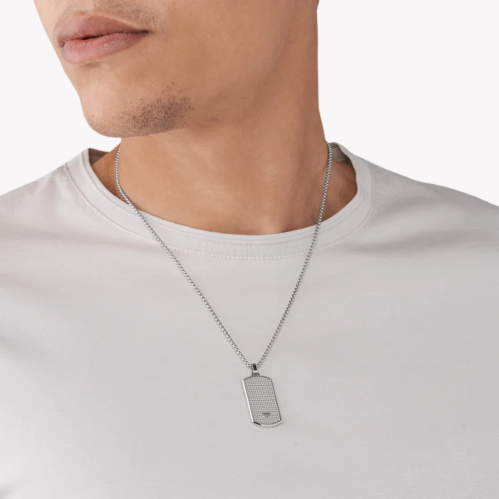 Emporio Armani Men's Silver Necklace, Etched Dog Tag | EGS2986040