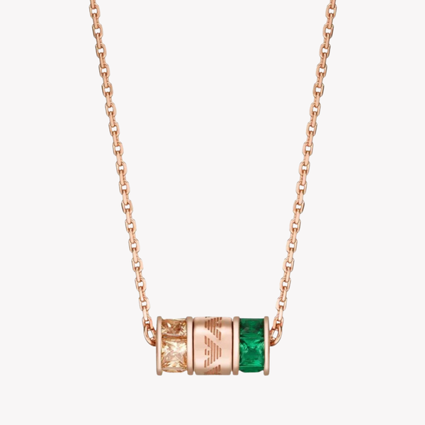 Emporio Armani Women's Rose Gold Necklace, Sterling Silver with Champagne & Green Stones | EG3577221