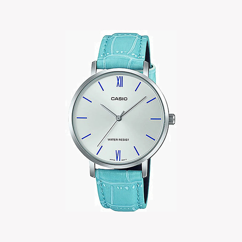Casio Women's Silver & Baby Blue Leather Watch, Silver Dial | Ltp-Vt01l-7b3 by i-watch