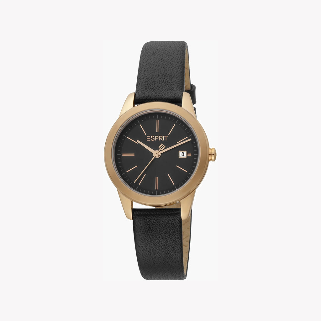 ESPRIT Women's Watch with Rose Gold Stainless Steel Case and Black Leather Band