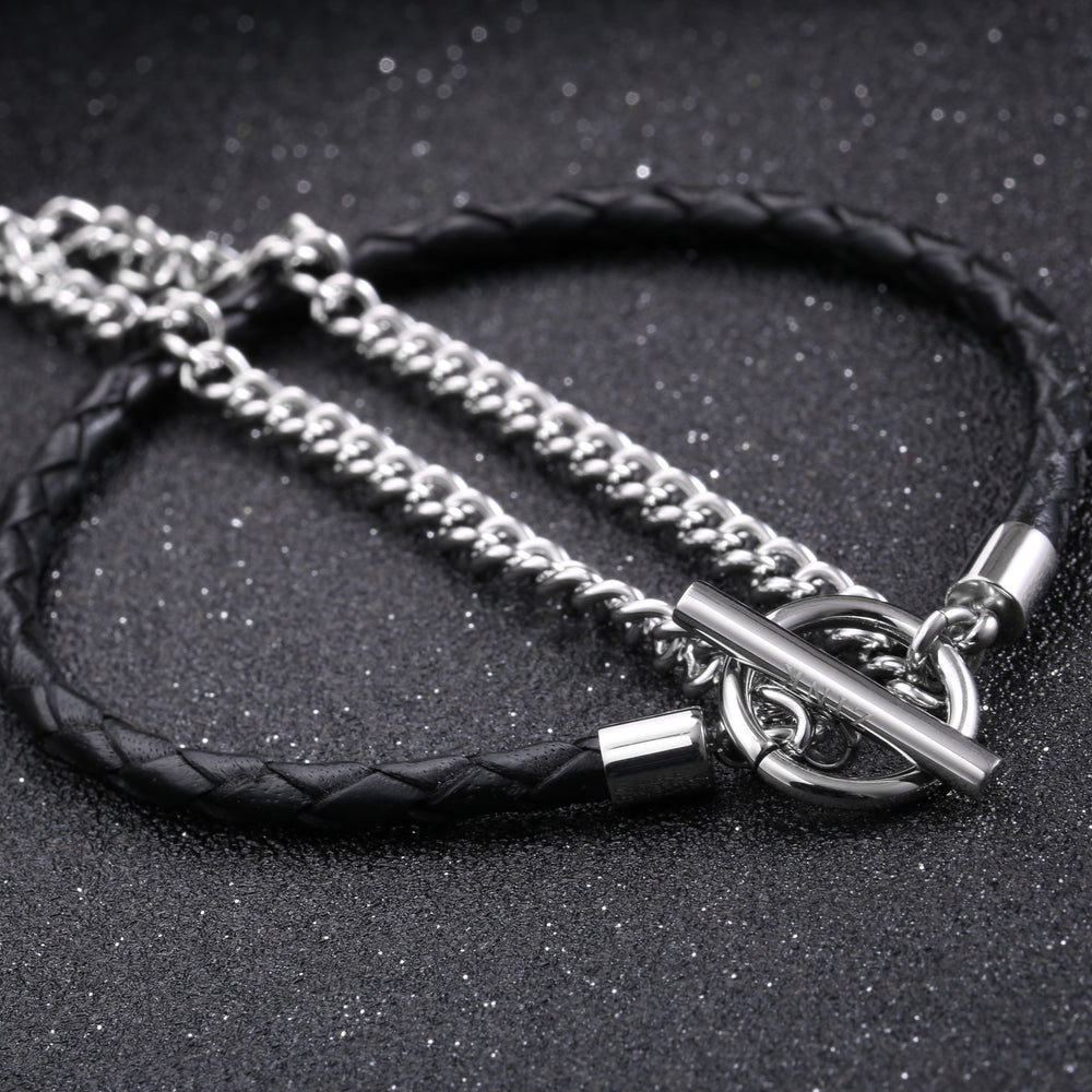 Zink Men's Silver & Black Stainless Steel & Leather Bracelet | Zjbc023slpb